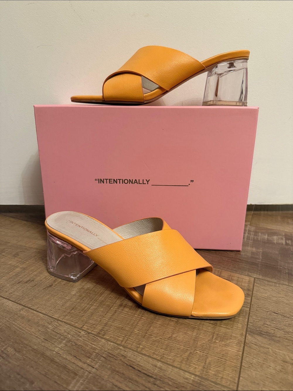 INTENTIONALLY BLANK Orange Crisscross Mule with Clear Block Heel